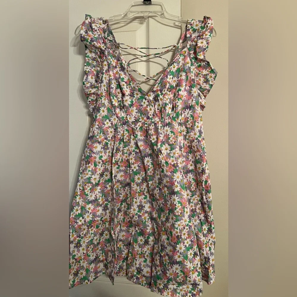Retro Pink Summer Daisy Print Sundress-Ruffle Straps Babydoll Dress NWT L #2342